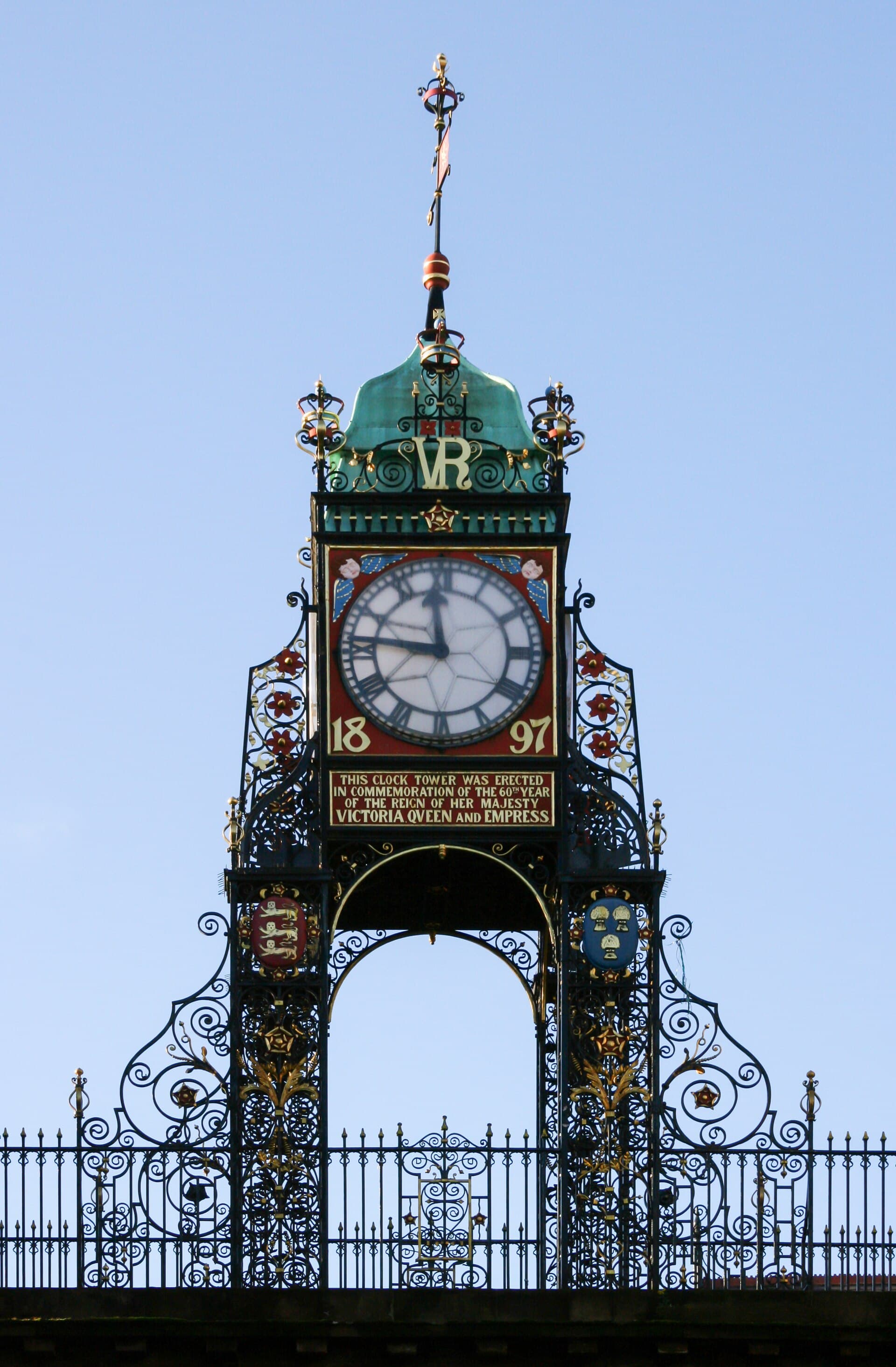 Chester's ornate Victorian Eastgate Clock against a blue sky