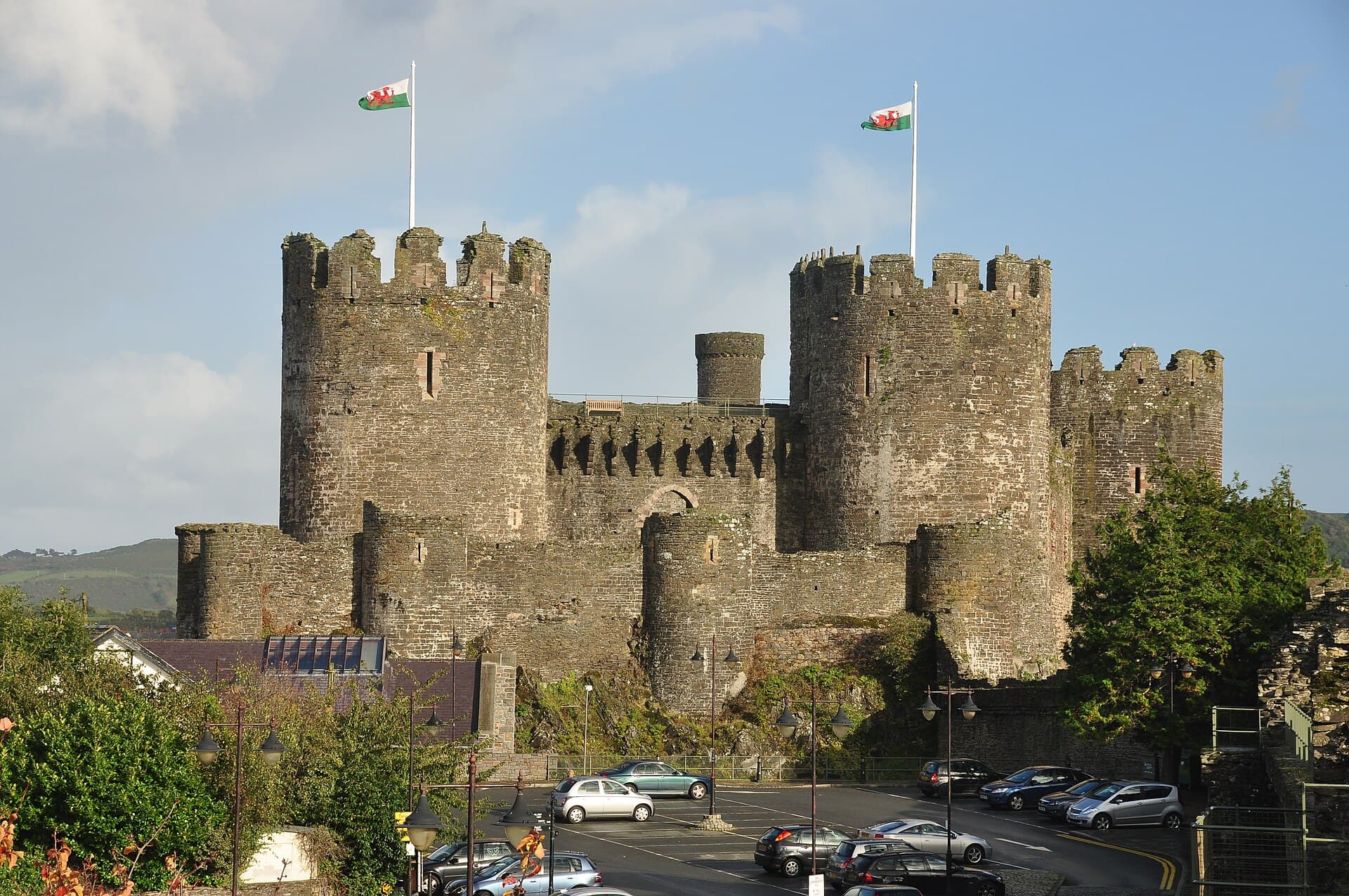Conwy Castle, a great medieval fortress with round towers above the town