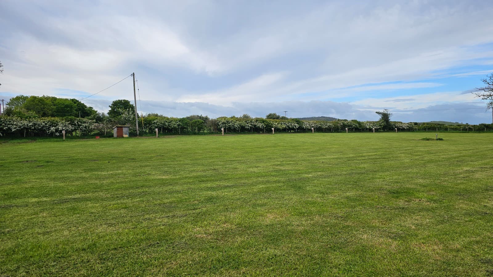 The open grass pitching field bordered by mature hedgerow under a wide sky