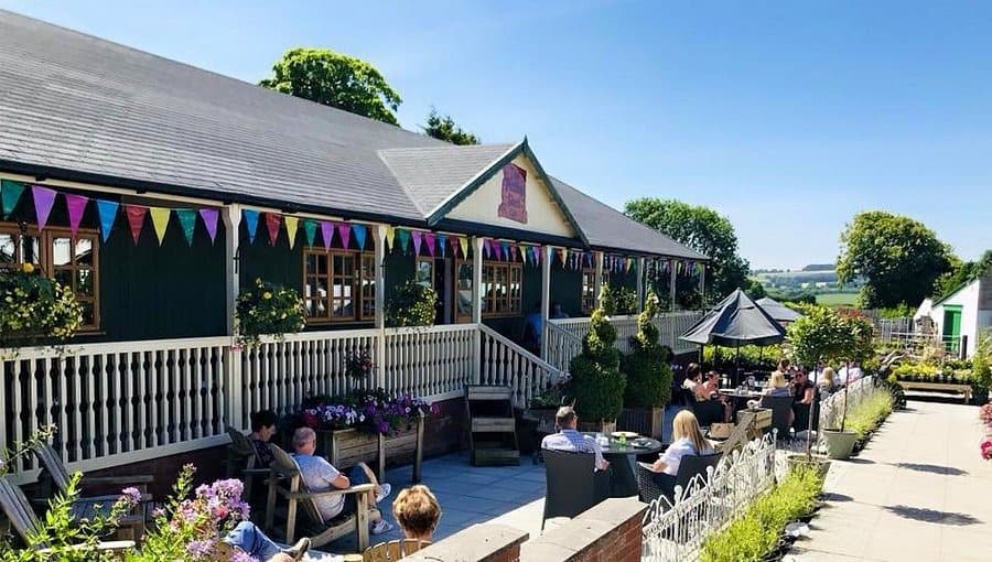 Sunny terrace at Jacksons garden centre coffee shop, bunting strung along the veranda