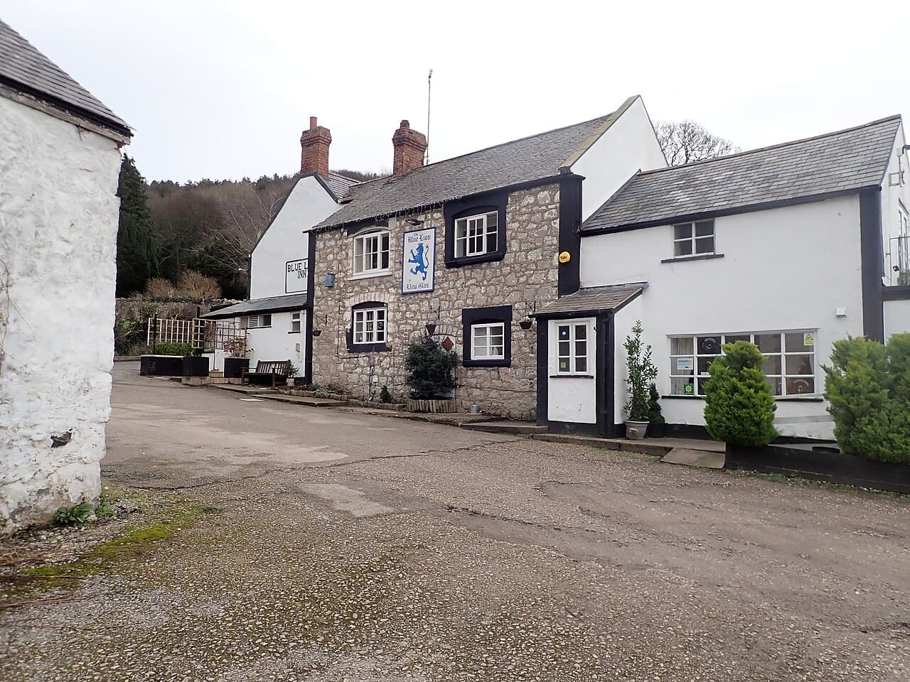 The Blue Lion Inn at Cwm, a whitewashed and stone Welsh free house below a wooded hillside