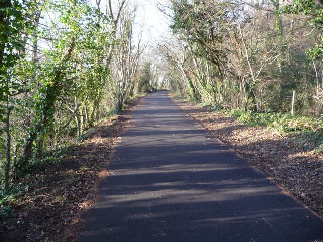 The flat, tree-lined tarmac path of the Prestatyn to Dyserth Way, following a former railway line